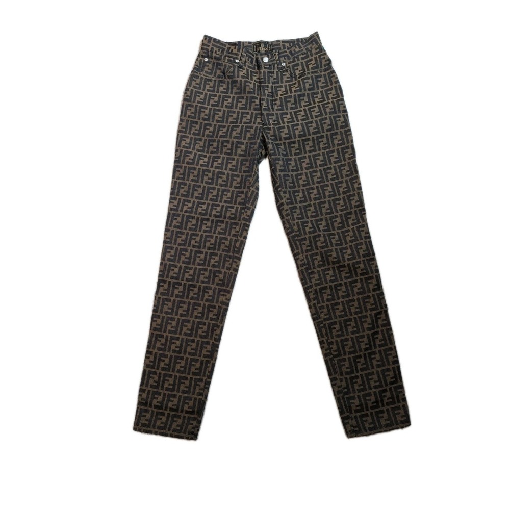 Fendi Women's Pants Logo Brown Luxury All Over Print Italy Tapered Size 26